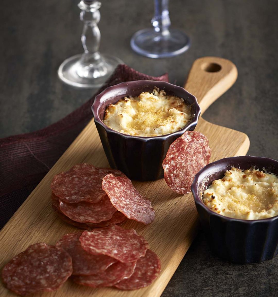 Salami crisps with baked ricotta dip