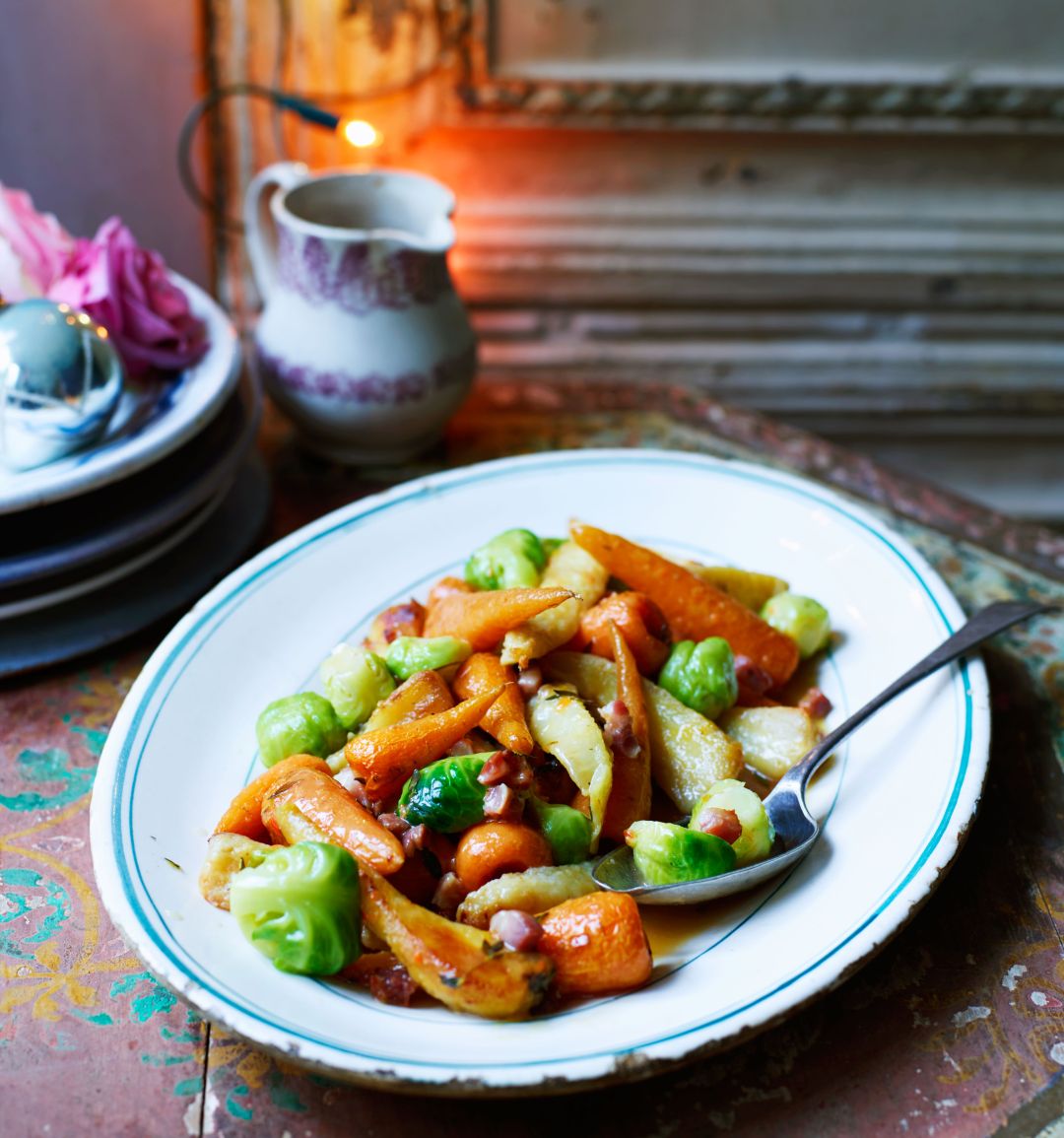 Roasted carrots, parsnips and sprouts with pancetta and lemon-thyme butter 