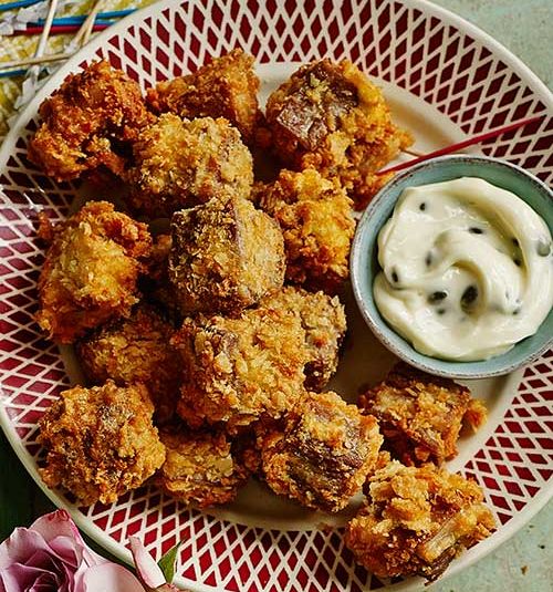 Crispy lamb nuggets with roasted garlic mayonnaise
