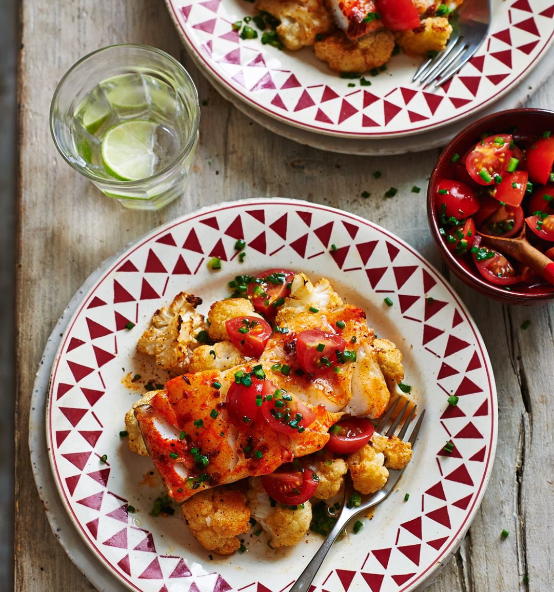 Spiced cod with roasted cauliflower and salsa