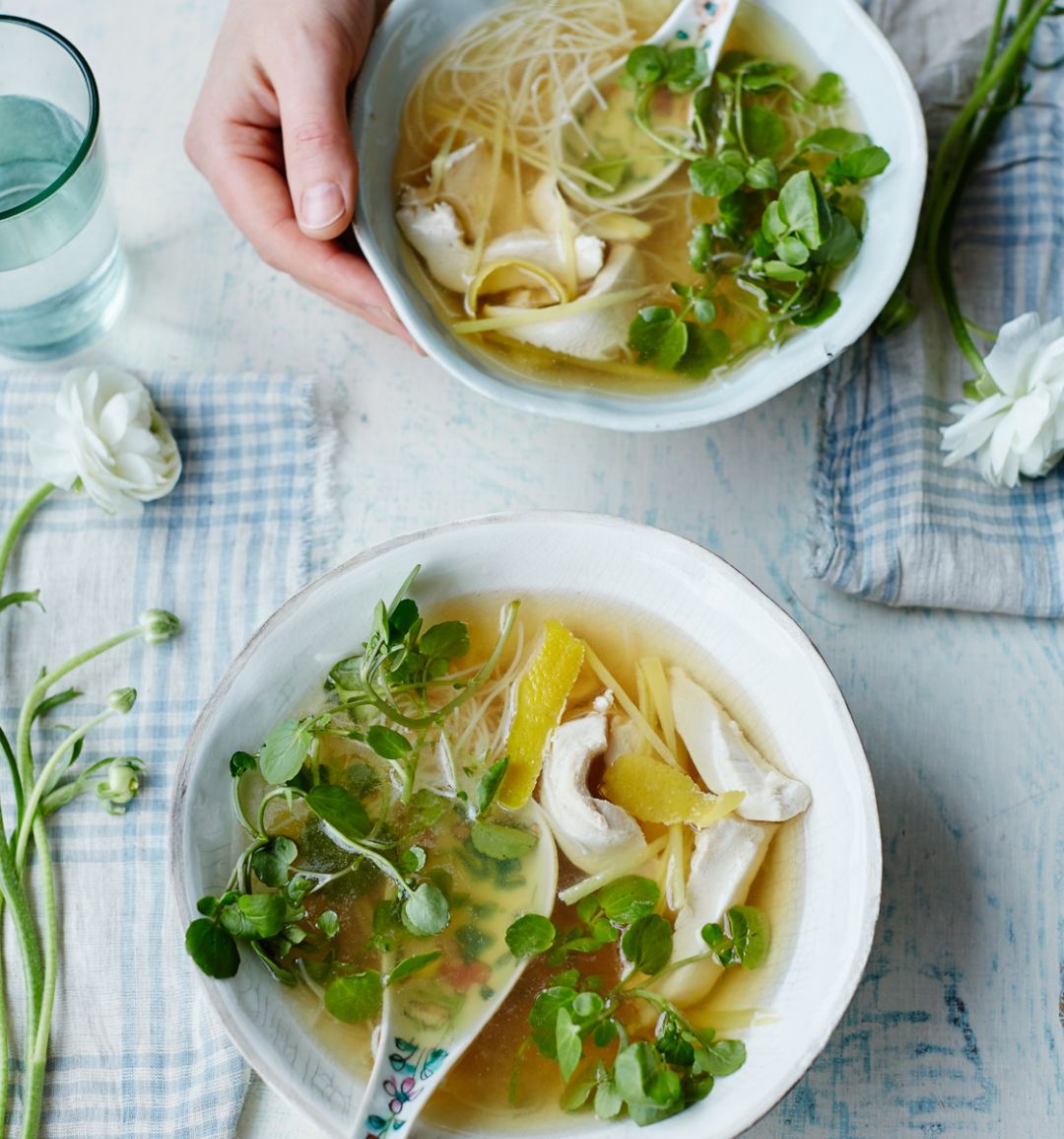 Fragrant lemon chicken noodle broth