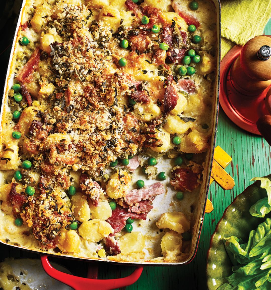 Gnocchi, ham and pea gratin