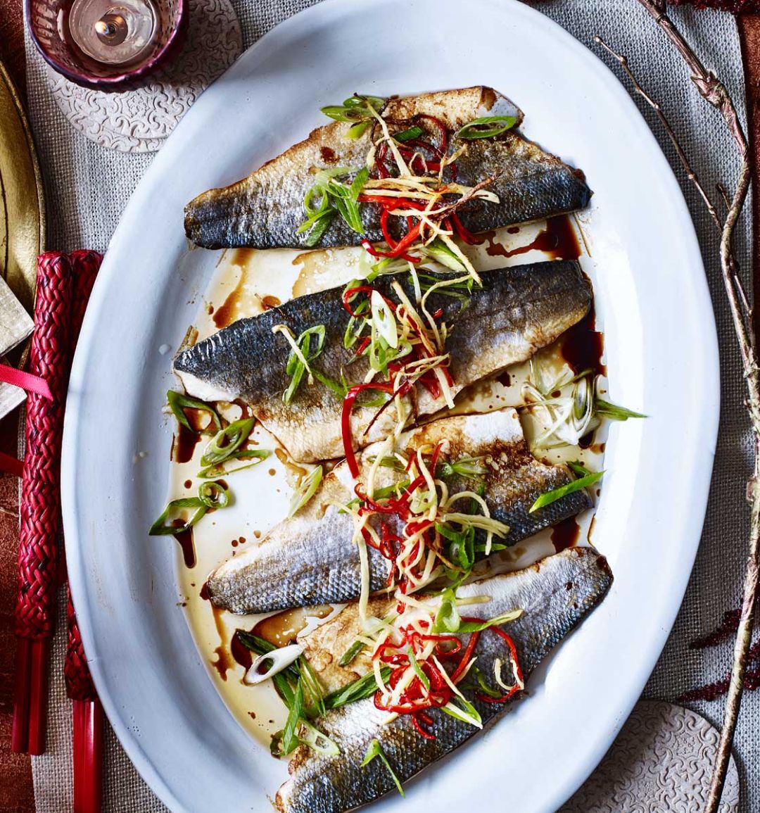 Pan-fried sea bass with ginger and spring onion