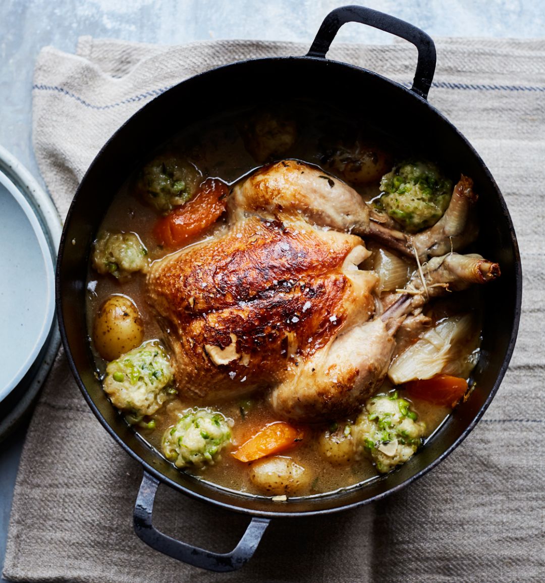 Slow-cooked chook with pea and parsley dumplings