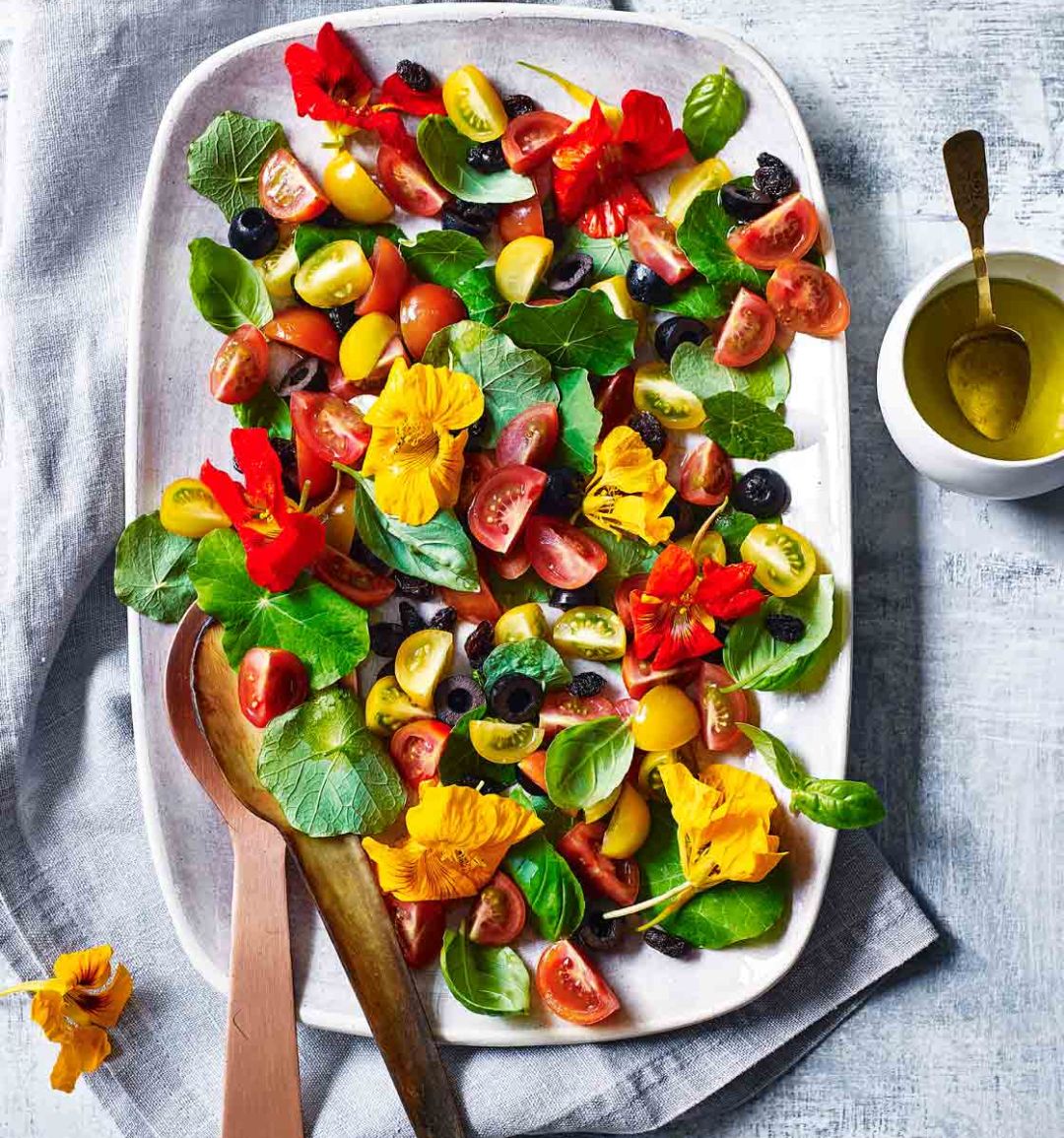 Tomato and nasturtium salad with elderflower dressing