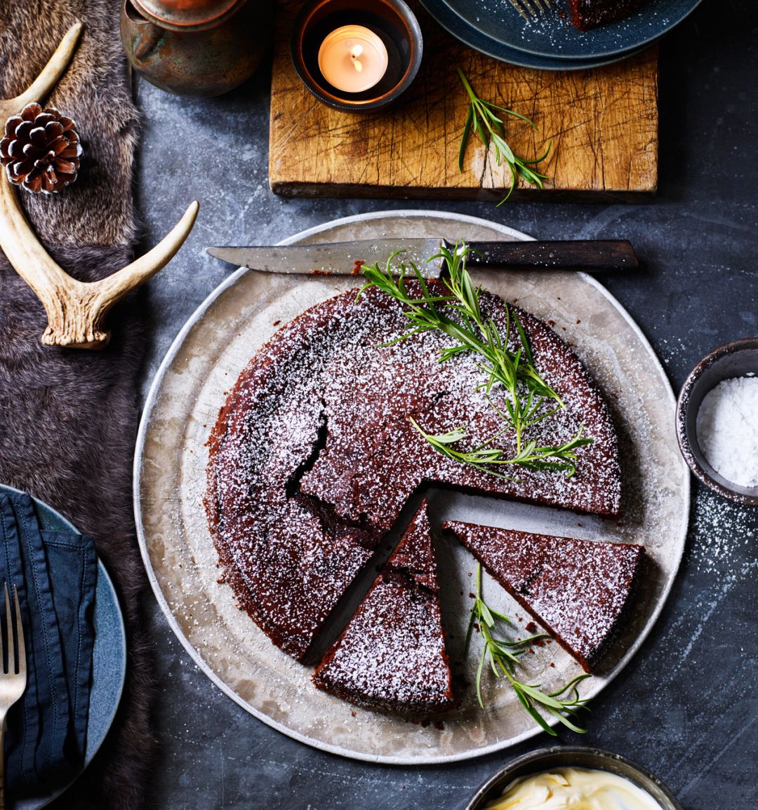 Chocolate, red wine and rosemary torte