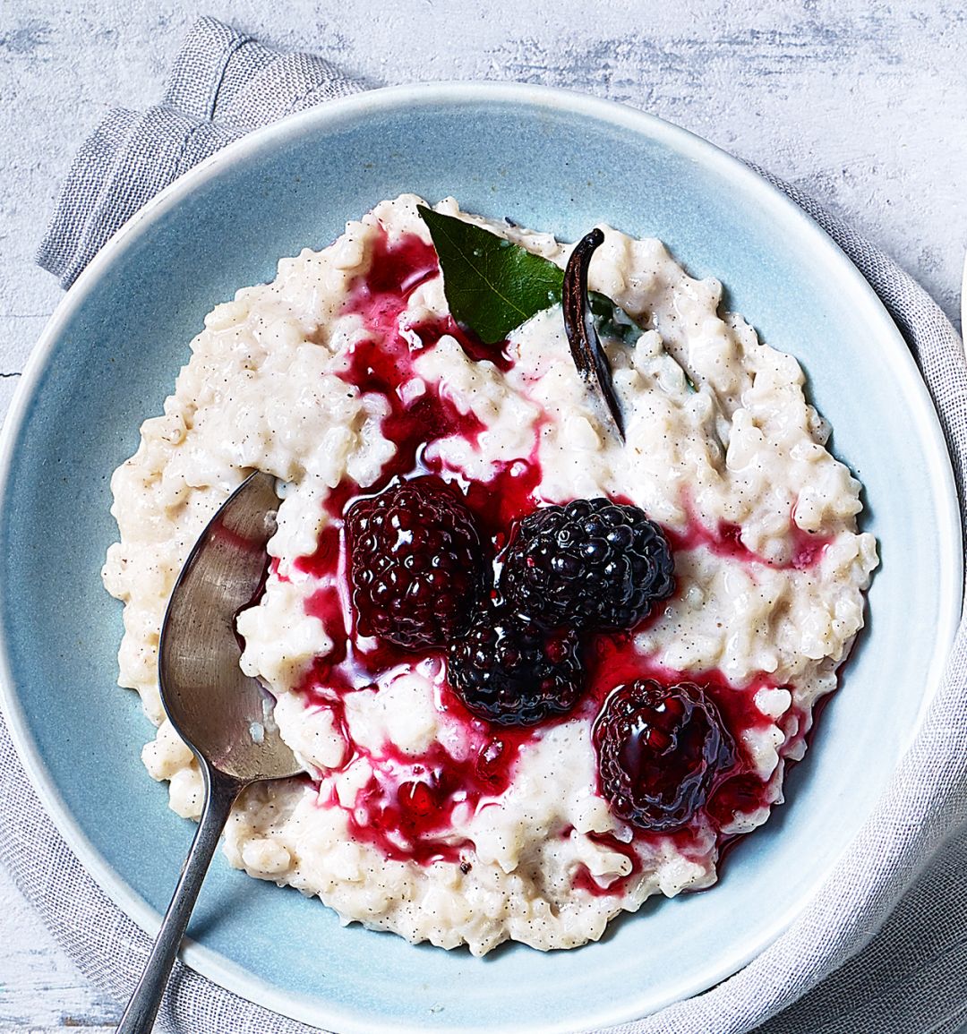Scandi rice pudding with blackberry compote