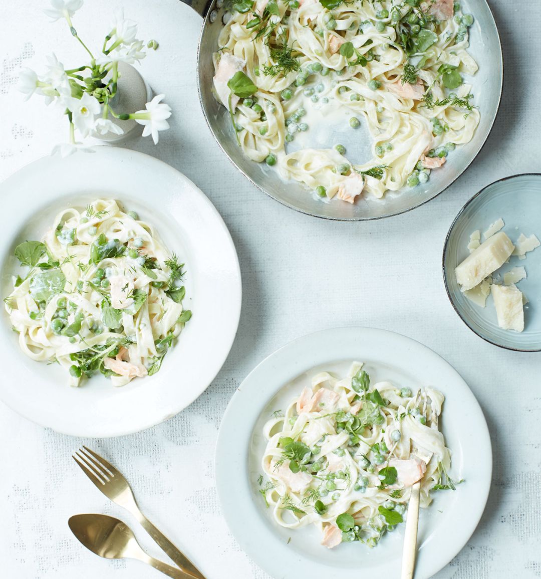 Salmon, pea and watercress tagliatelle