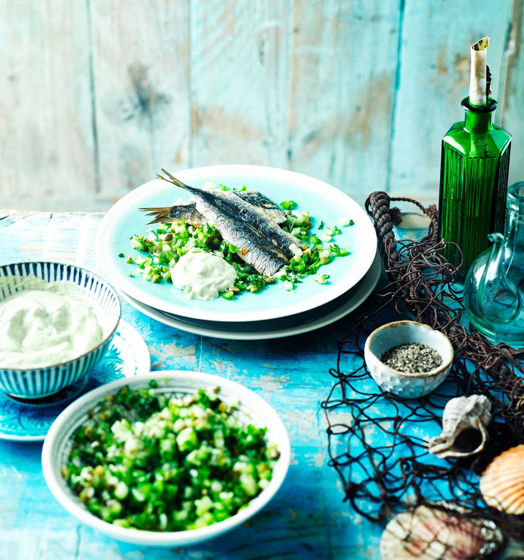 Sardines with cucumber salsa verde salad and garlic mayonnaise