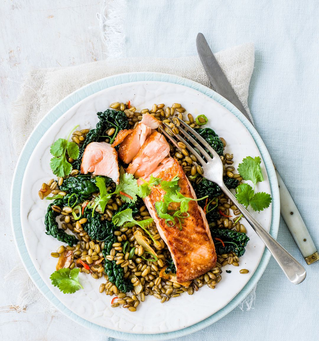 Crispy salmon with freekeh and cavolo nero