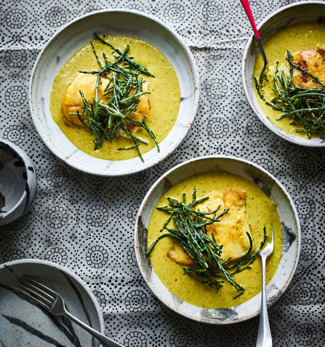 Hake with samphire and malai sauce