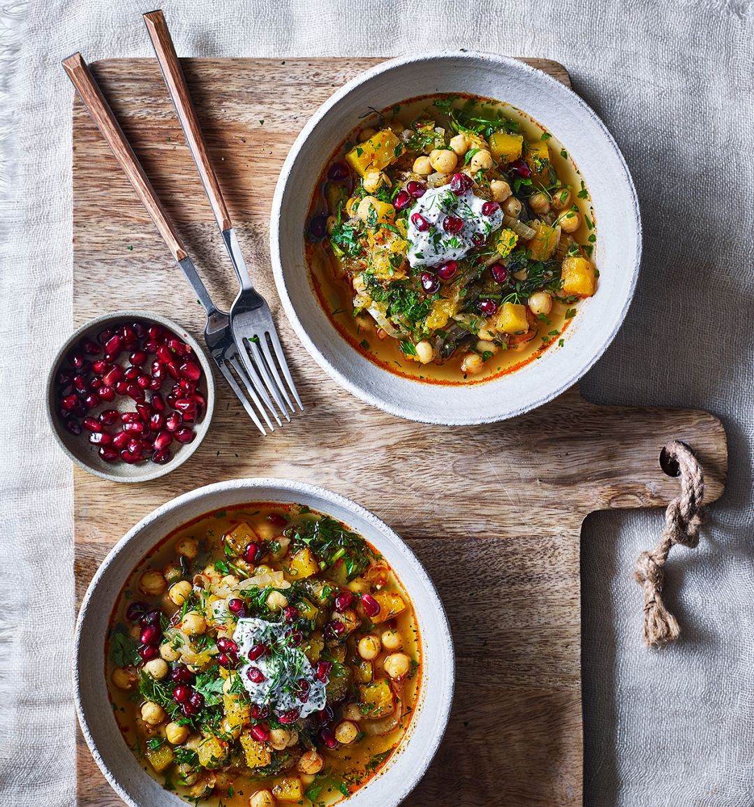 Squash and chickpea one-pot with herby yogurt
