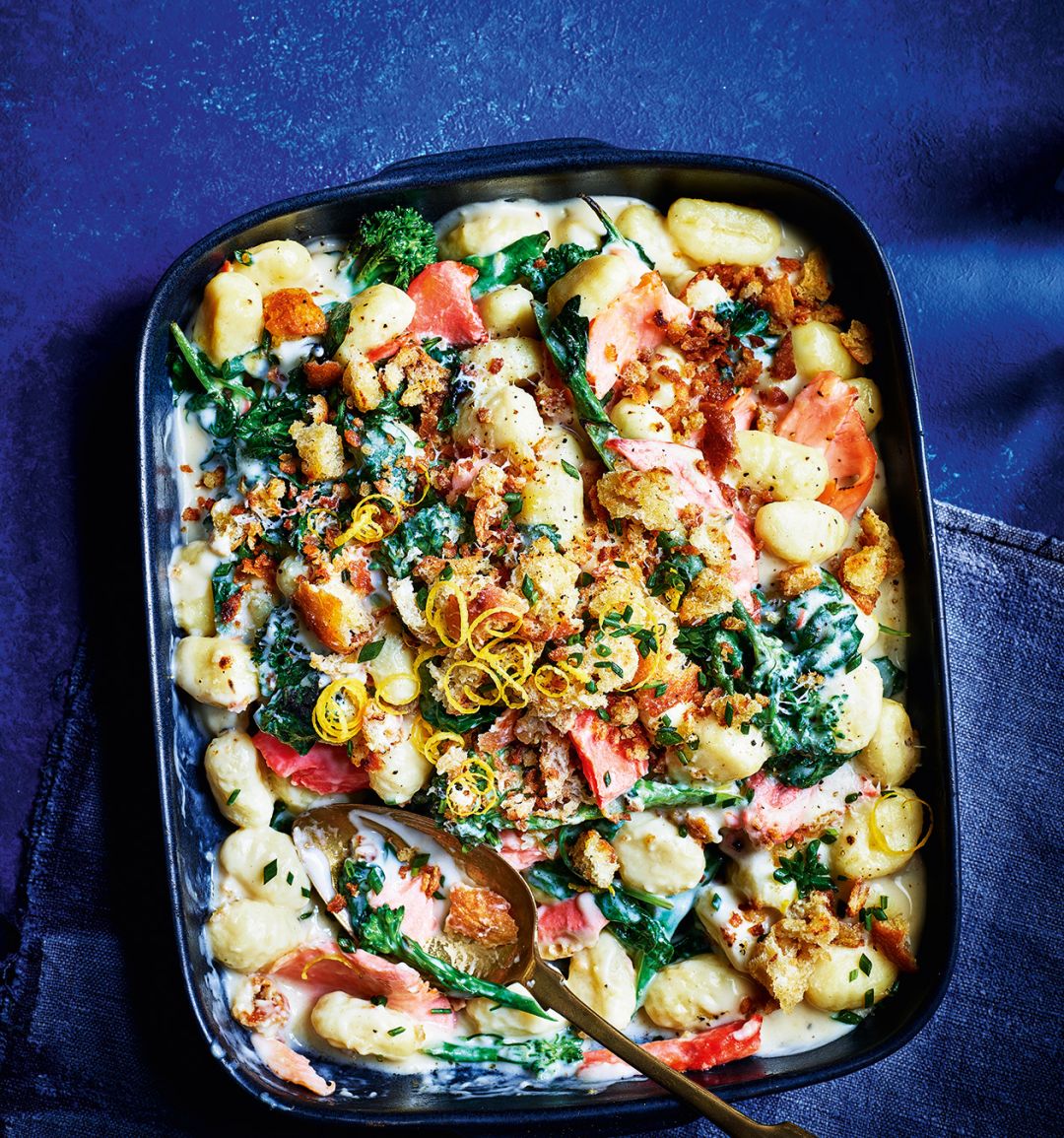 Luxe smoked salmon gnocchi bake