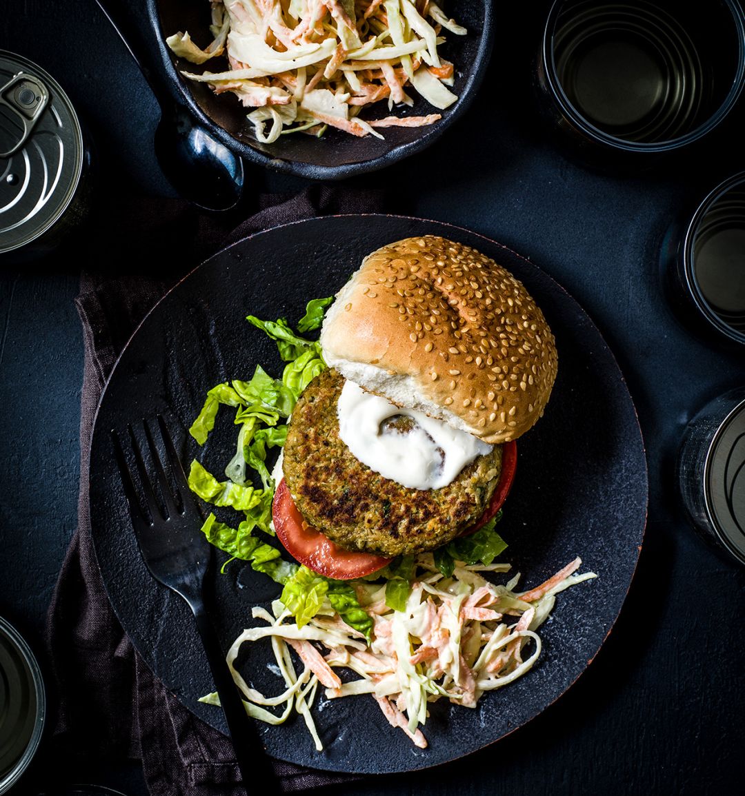 Falafel burgers with tahini coleslaw