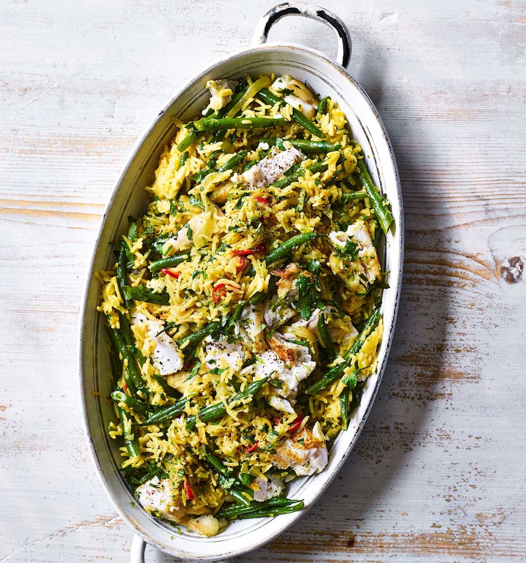 Fragrant hake, lime and coconut pilaf
