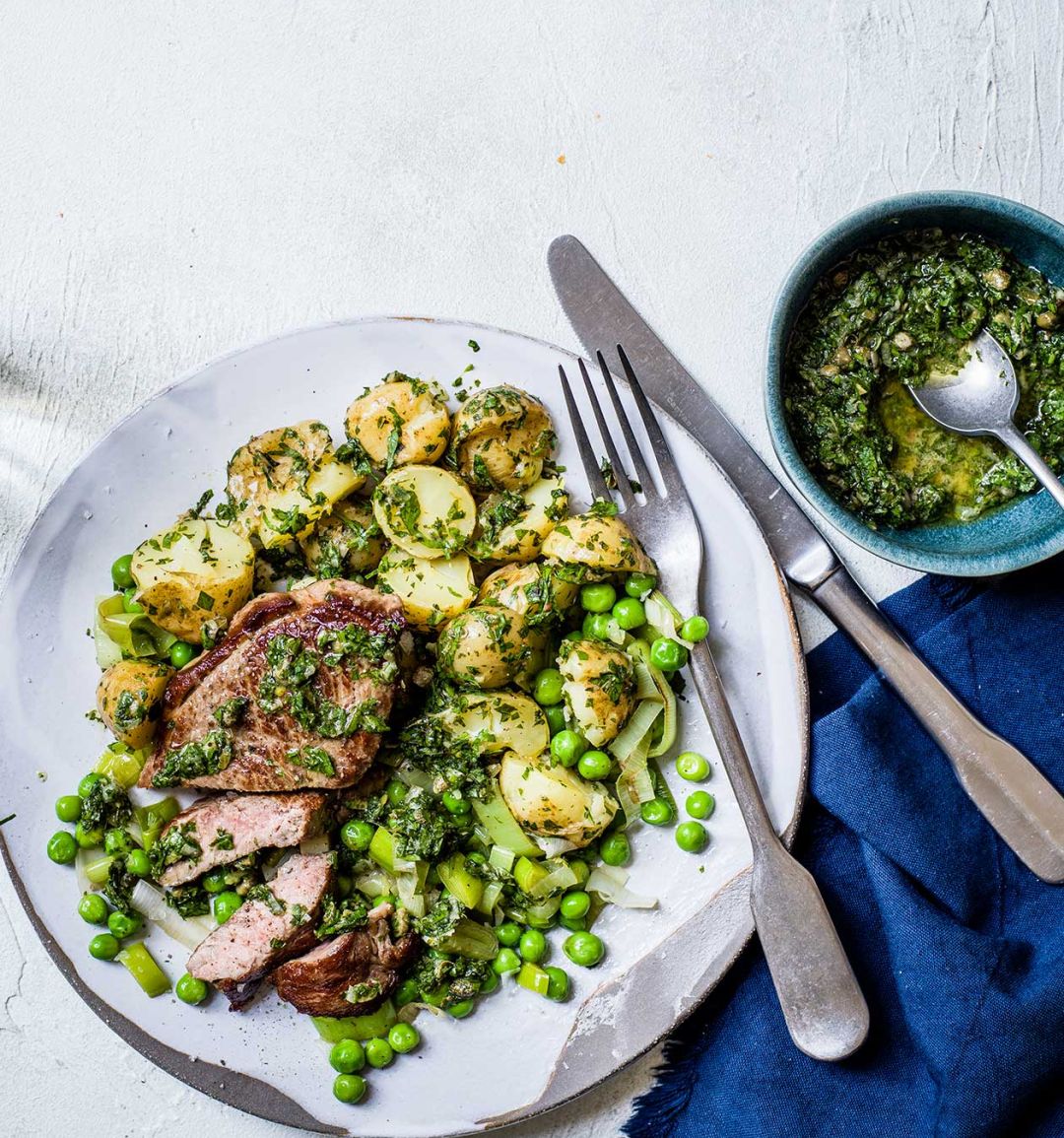 Minty salsa verde lamb with lemony potatoes and leeks 
