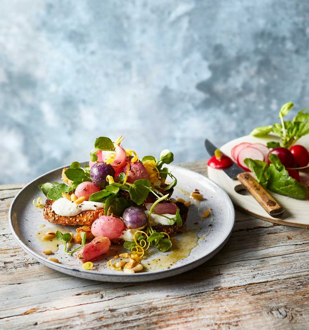 Roasted radish & goats’ cheese bruschetta with watercress