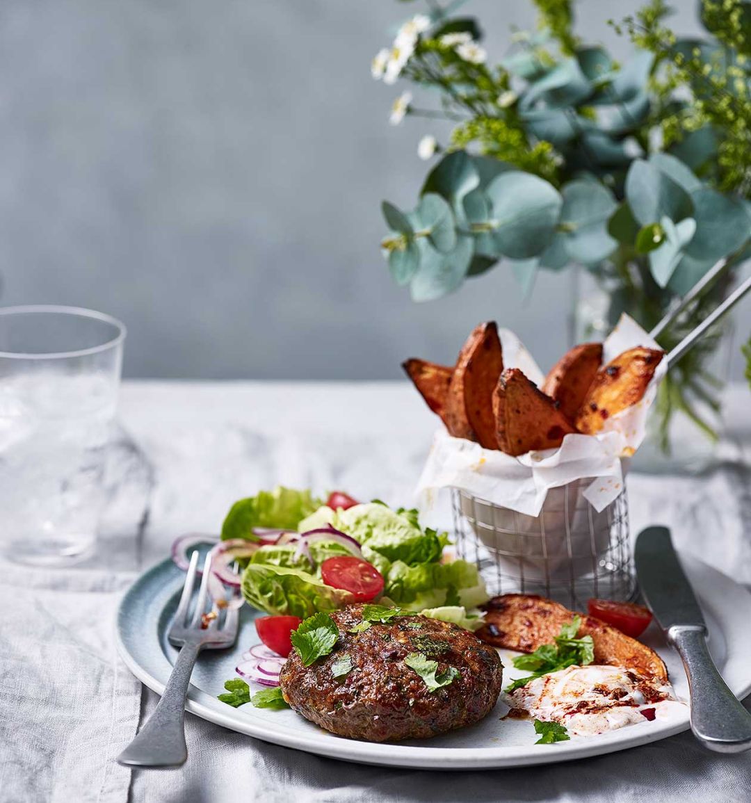 Spicy lamb patties and sweet potato wedges 