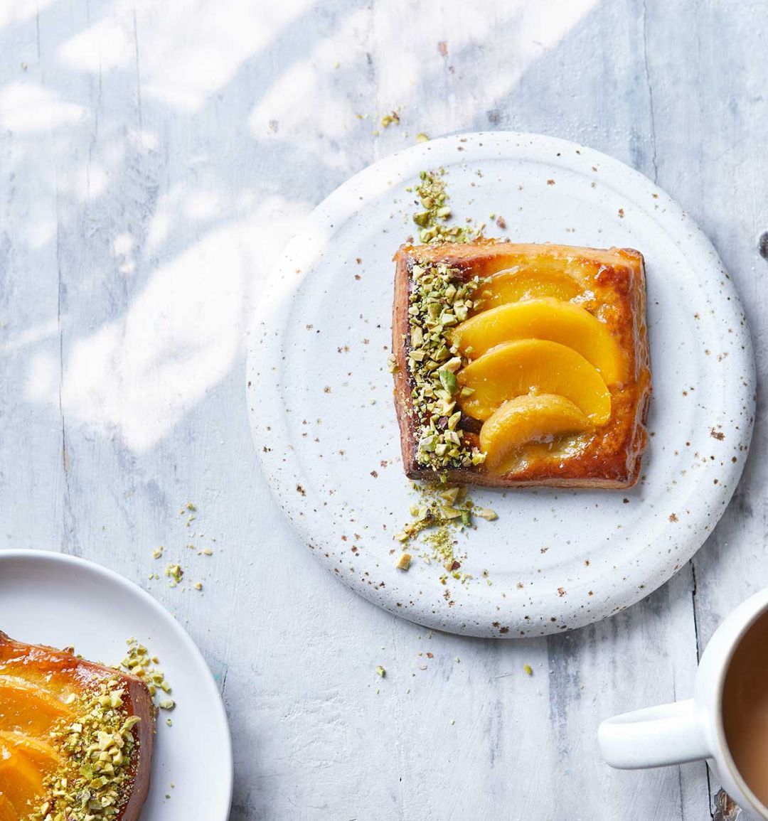 Peach, pistachio and honey Danish pastries