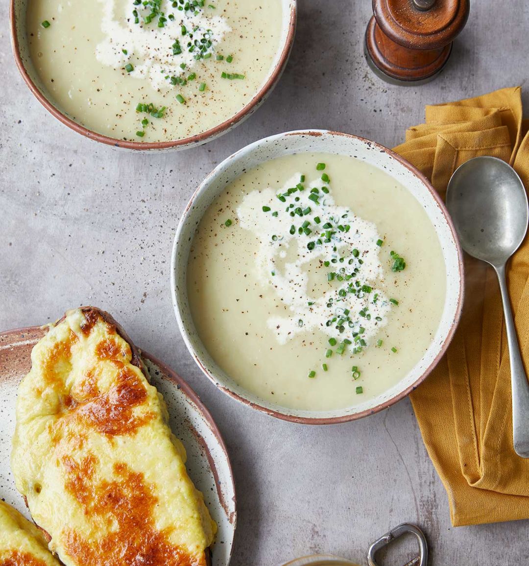 Leek, potato and cider soup with Welsh rarebit croutes
