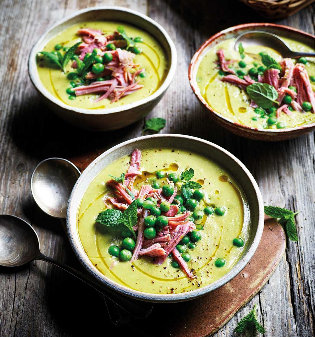 Creamy ham, double-pea and mint soup