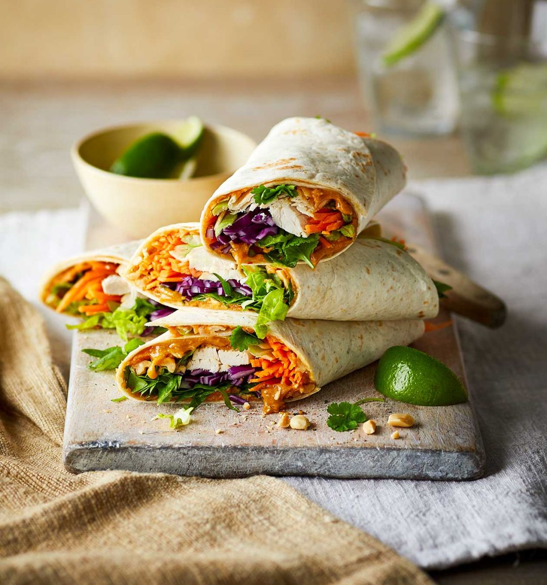 Satay chicken salad wraps
