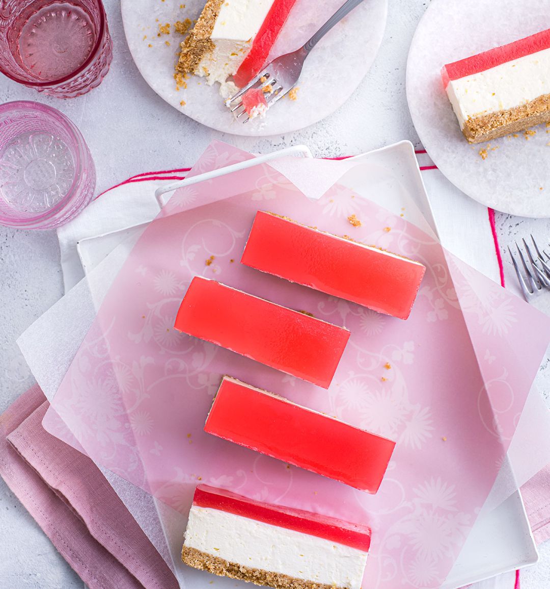 Rhubarb and gin jelly cheesecake bars
