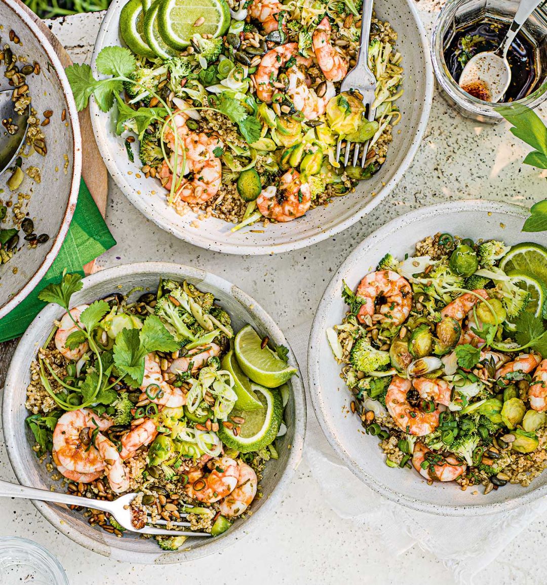Broccoli and prawn salad with sizzled seeds
