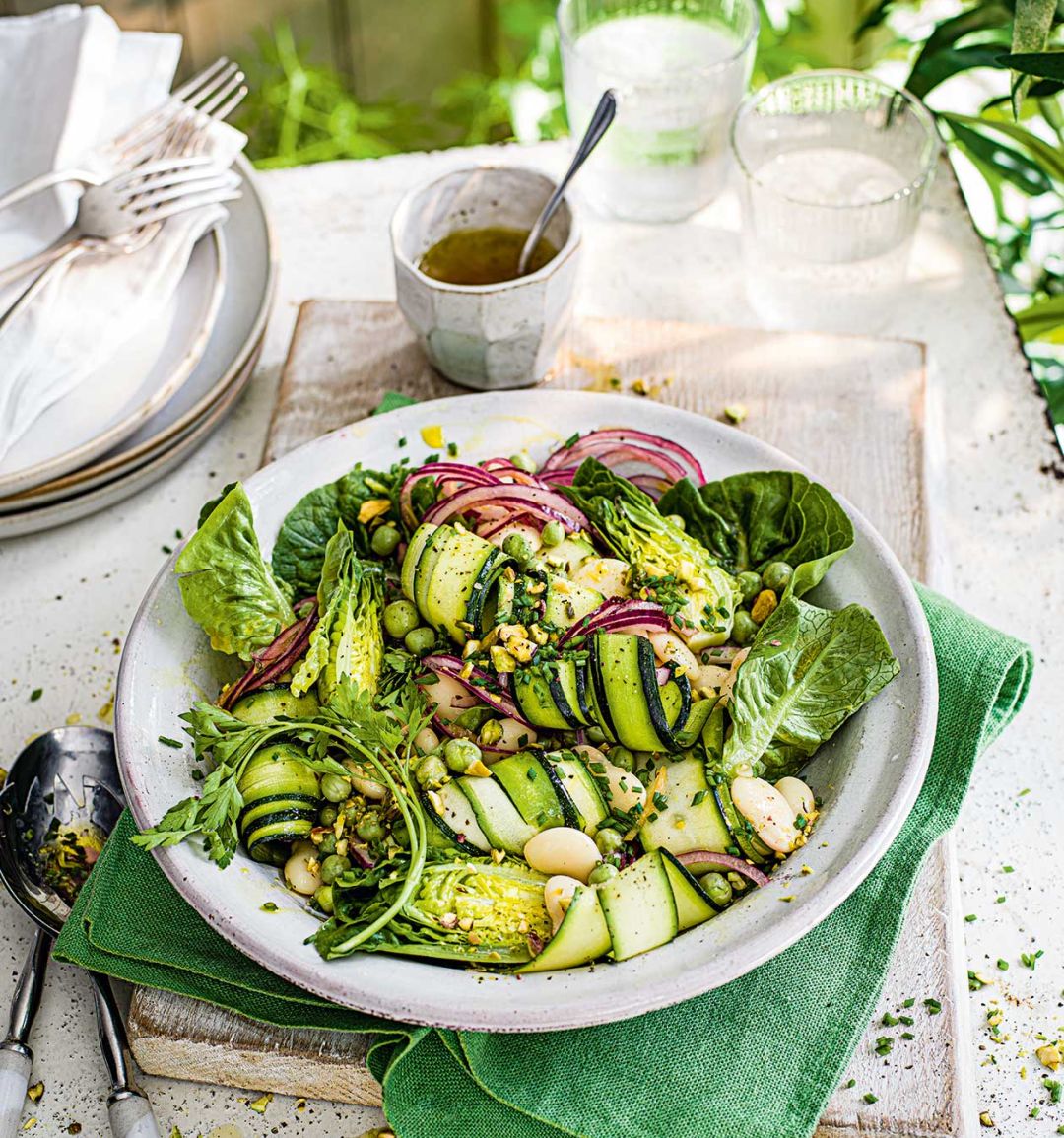 Lettuce, pea, butter bean and preserved lemon salad