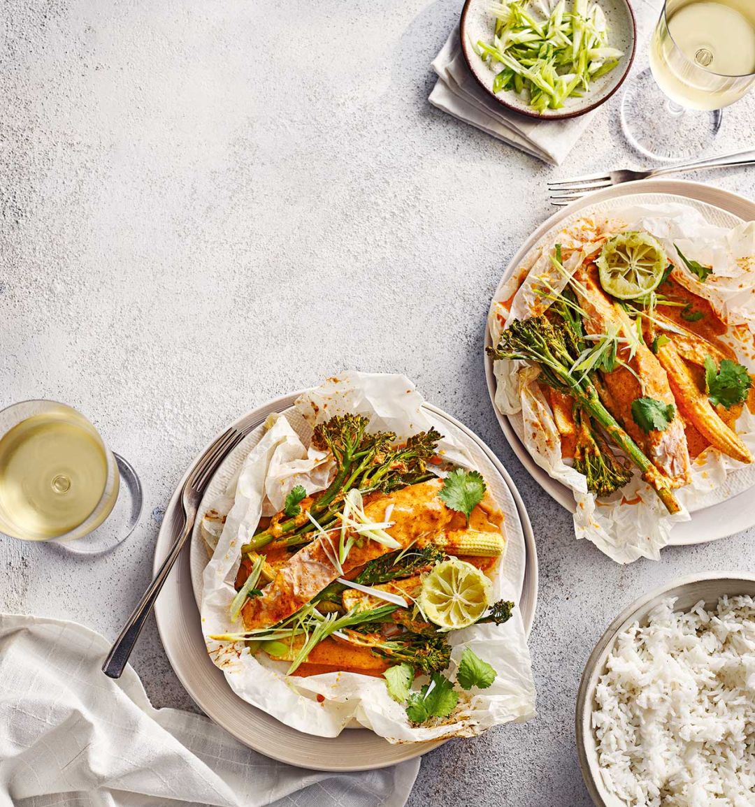 Red curry salmon parcels