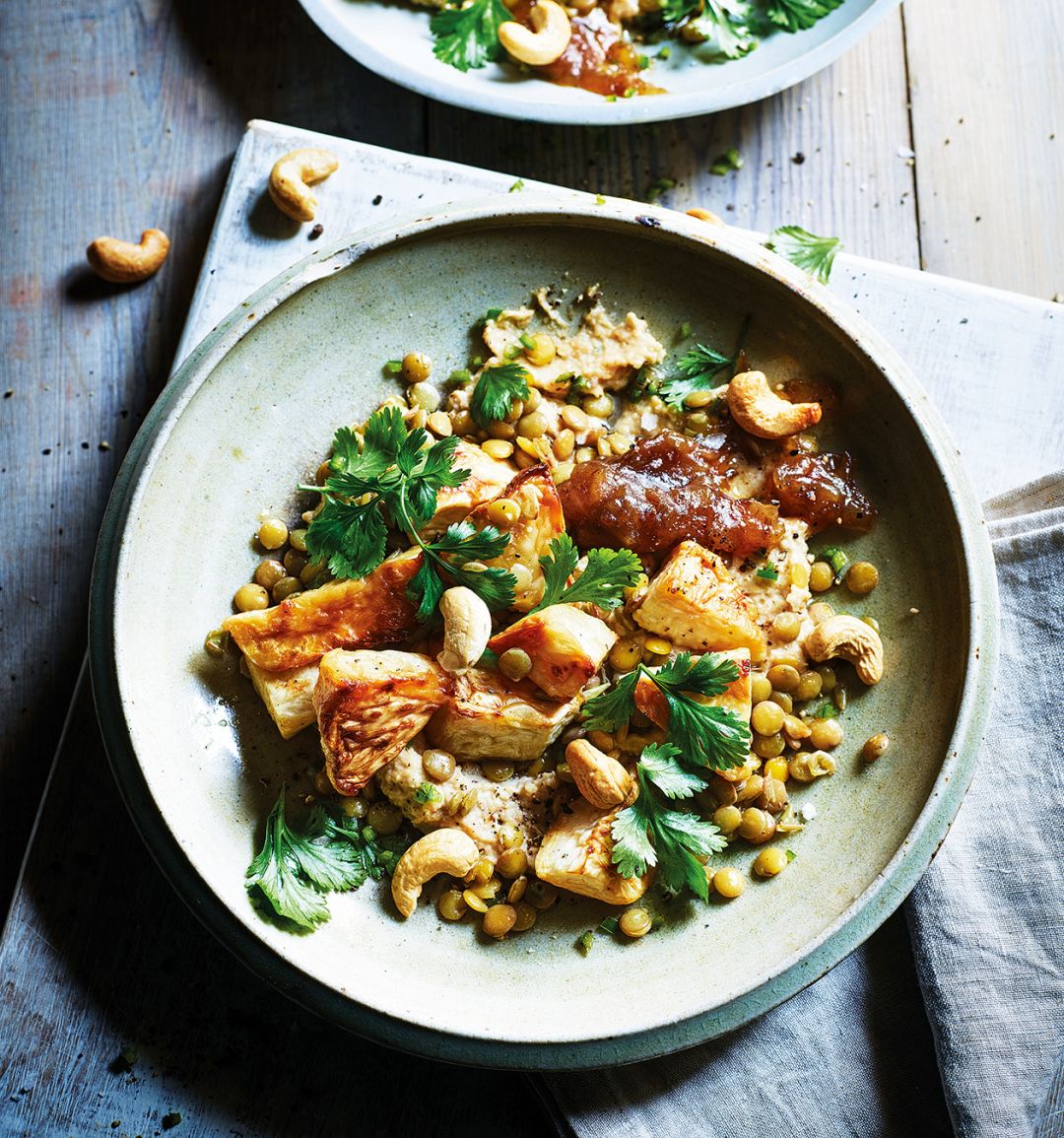Celeriac, cashews and lentils with date chutney