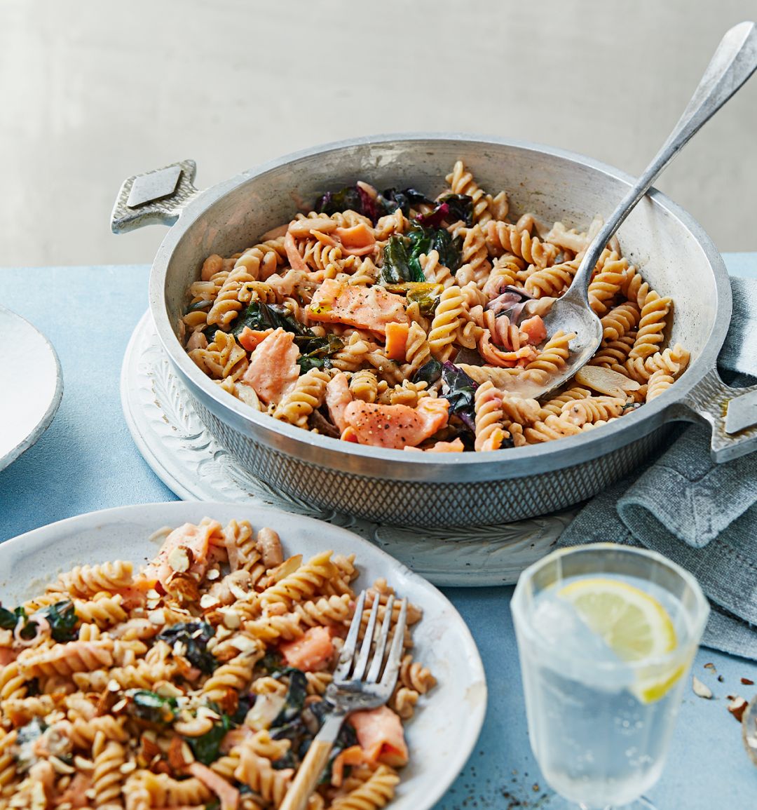 One-pan salmon pasta with white beans and chard