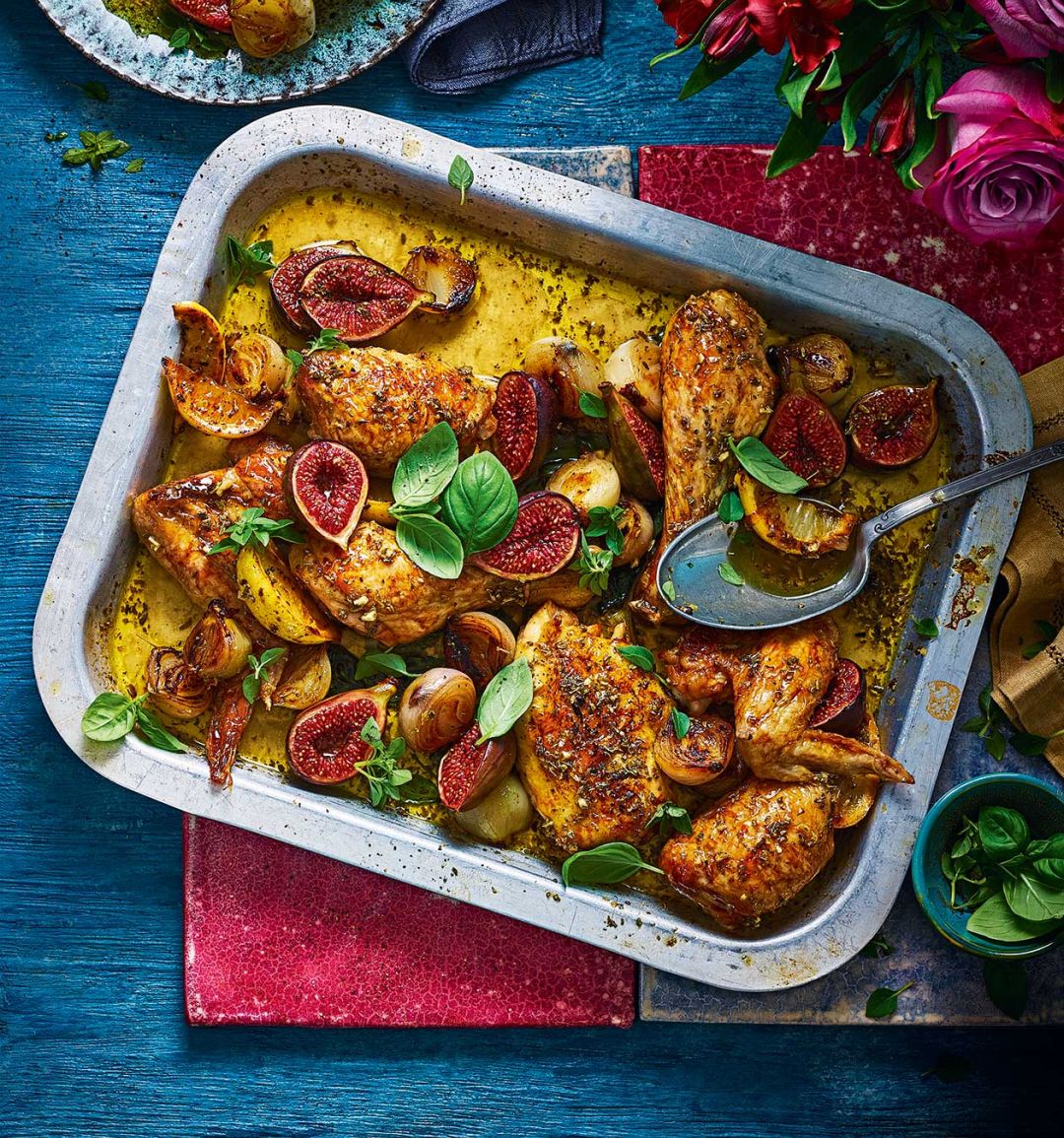 Roast chicken with figs and shallots