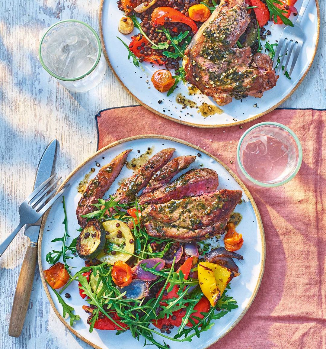 Minty lamb with rainbow veg and lentils