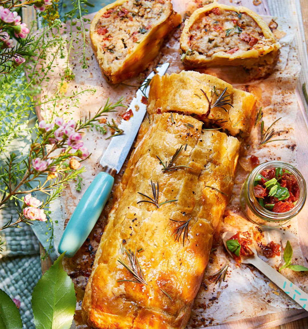 Giant sundried tomato and mozzarella sausage roll