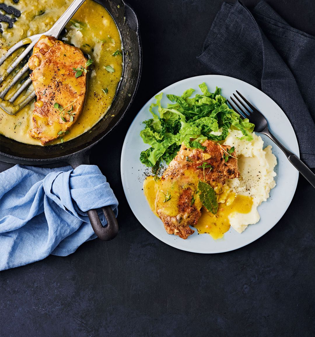 Milk-braised pork steaks with cabbage 