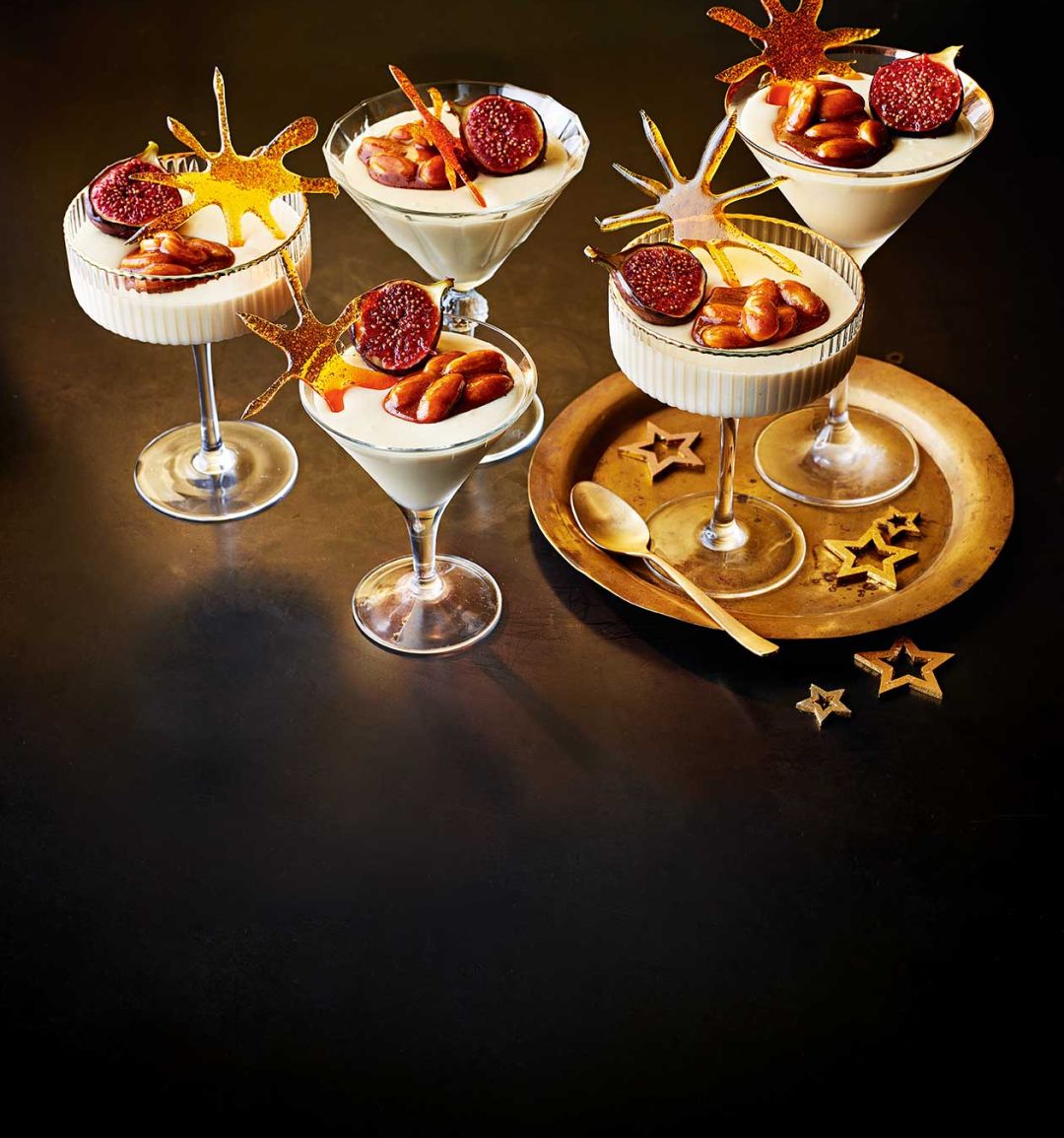 White Christmas mousse with sticky toffee nuts and figs