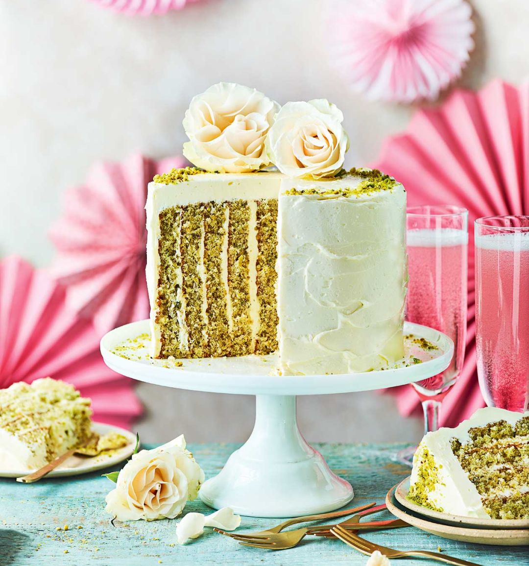 White chocolate, pistachio and rose stripe cake