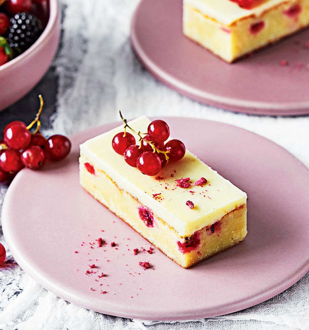 Redcurrant and white chocolate blondies