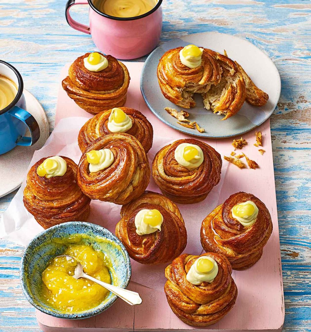 Honey cruffins with lemon curd and clotted cream