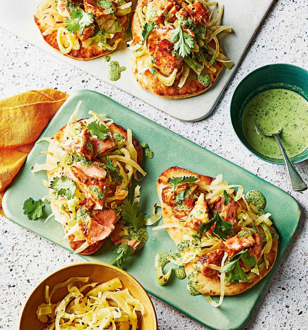 Flatbreads with spiced salmon and zesty slaw