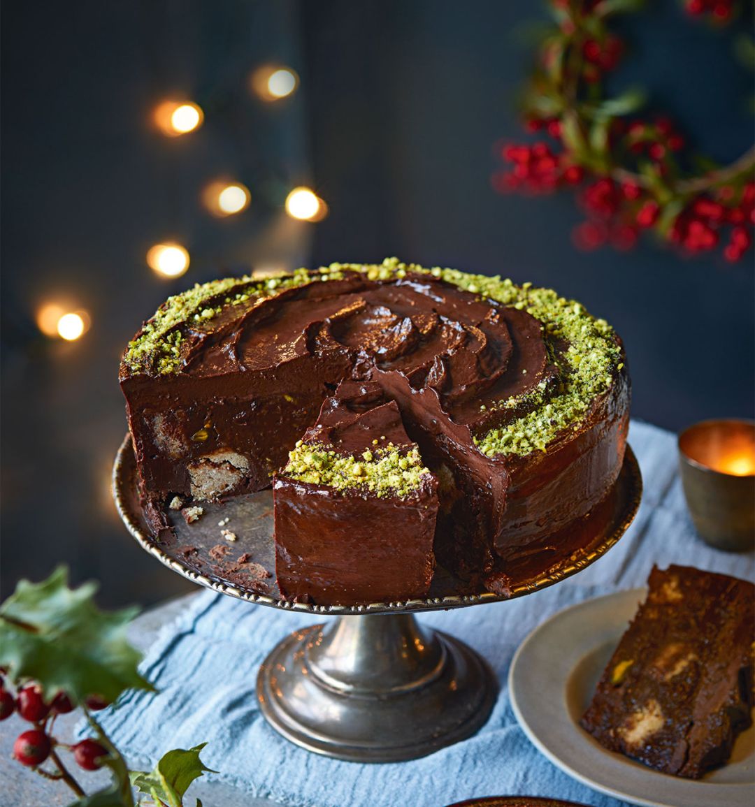Chocolate biscuit cake with brandied fruits