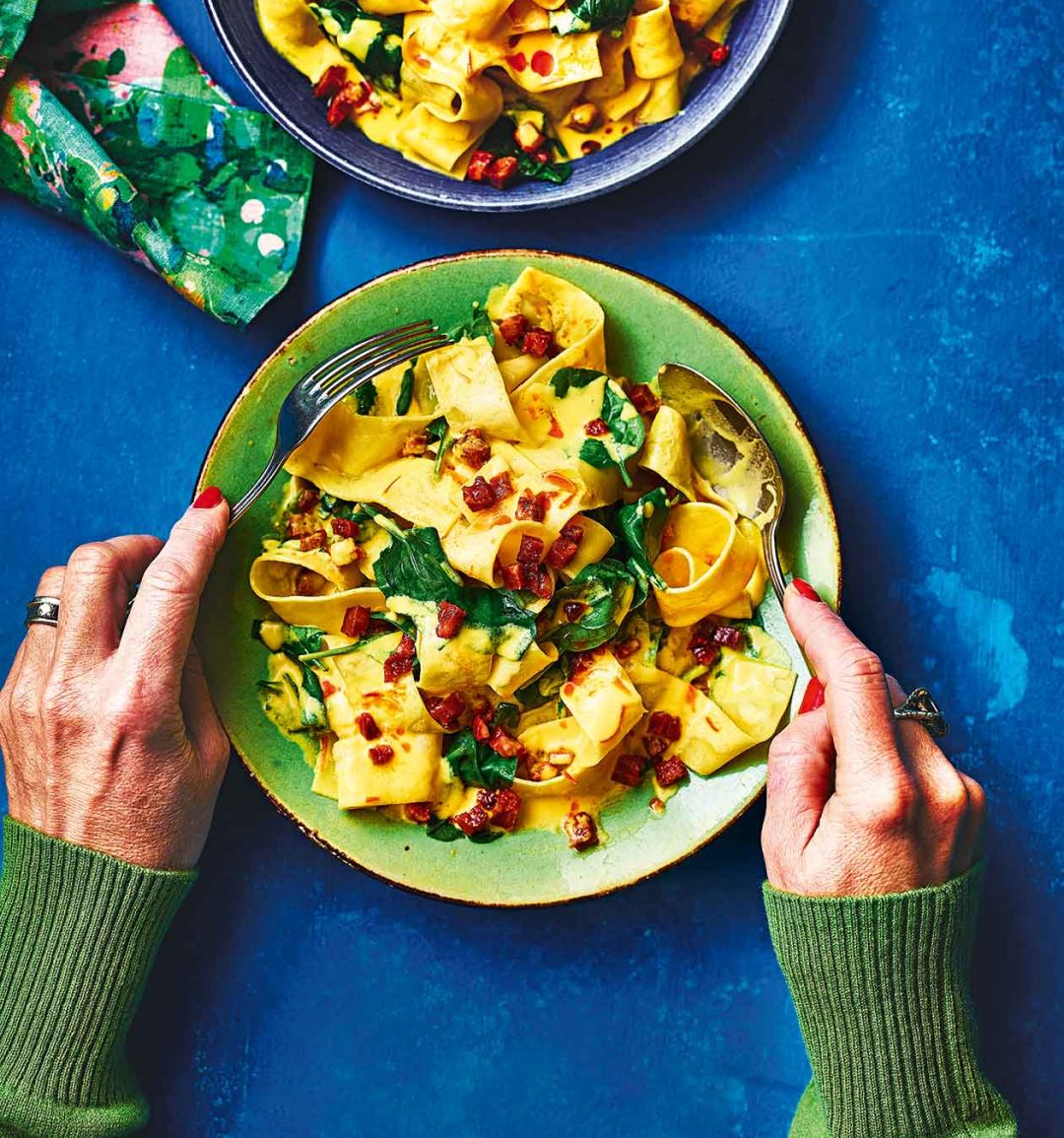 Saffron pappardelle with spinach and chorizo