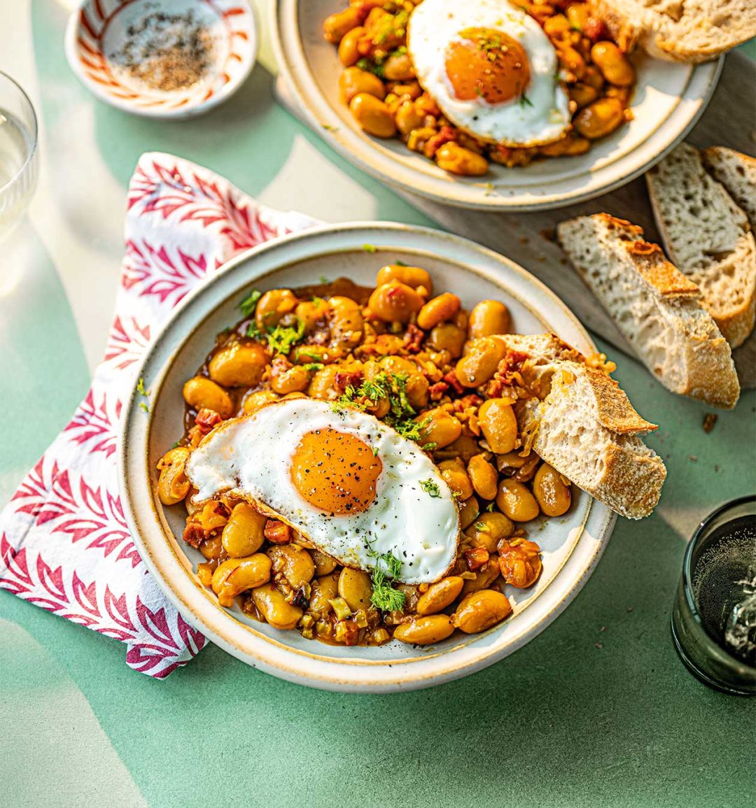 Saffron-braised butter beans with chorizo and fried eggs
