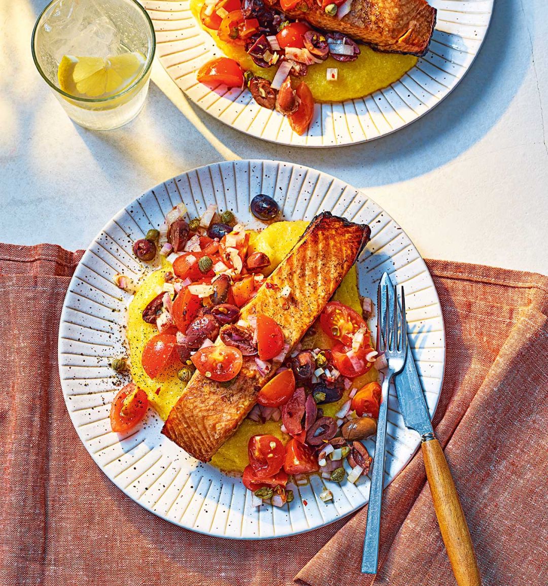 Baked salmon with puttanesca salsa