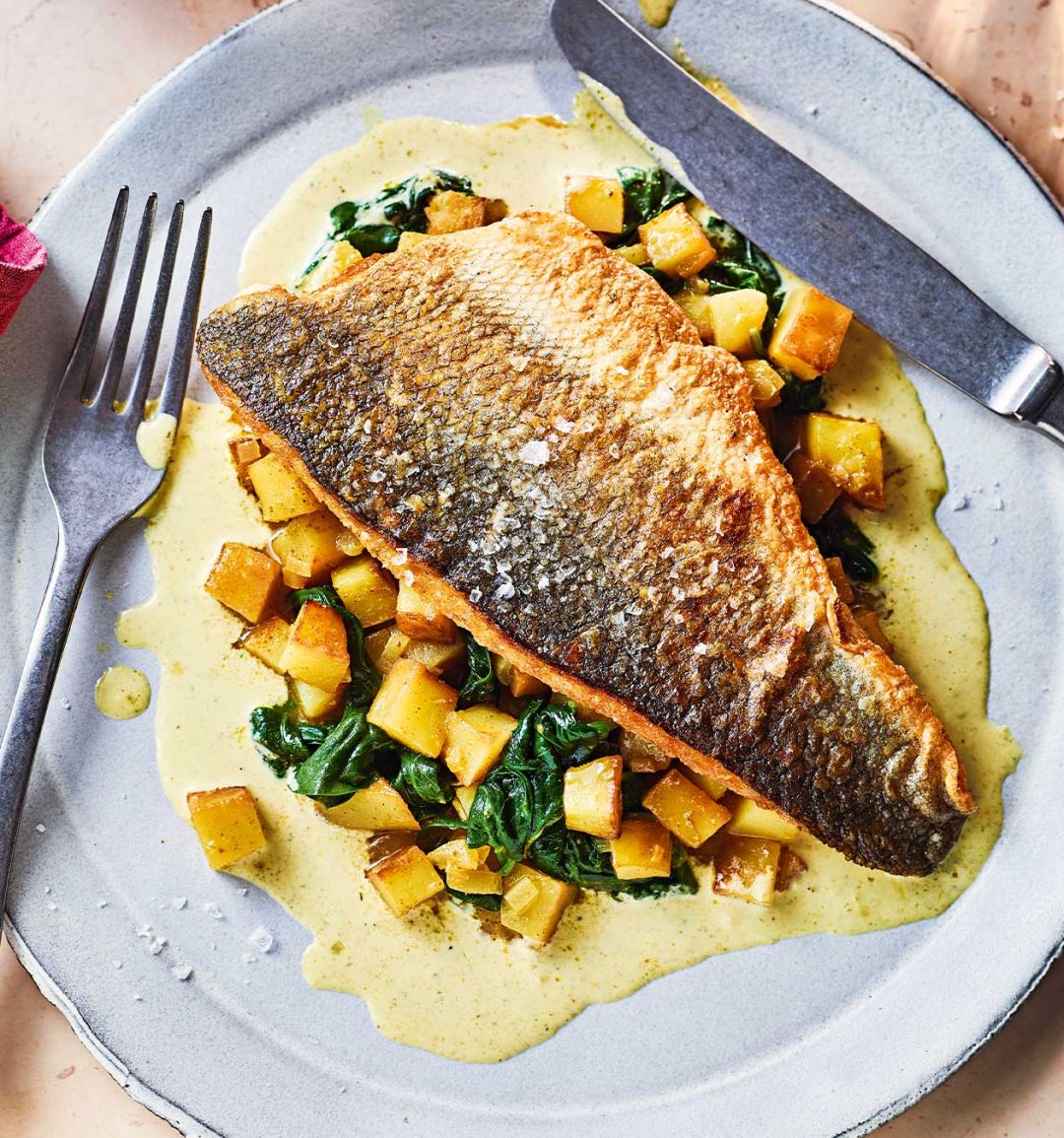 Sea bass with spiced potato and curry sauce