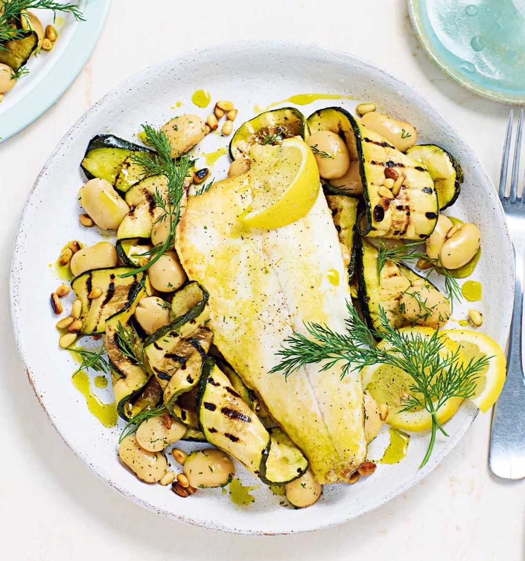 Sea bass with grilled courgette and butter bean salad