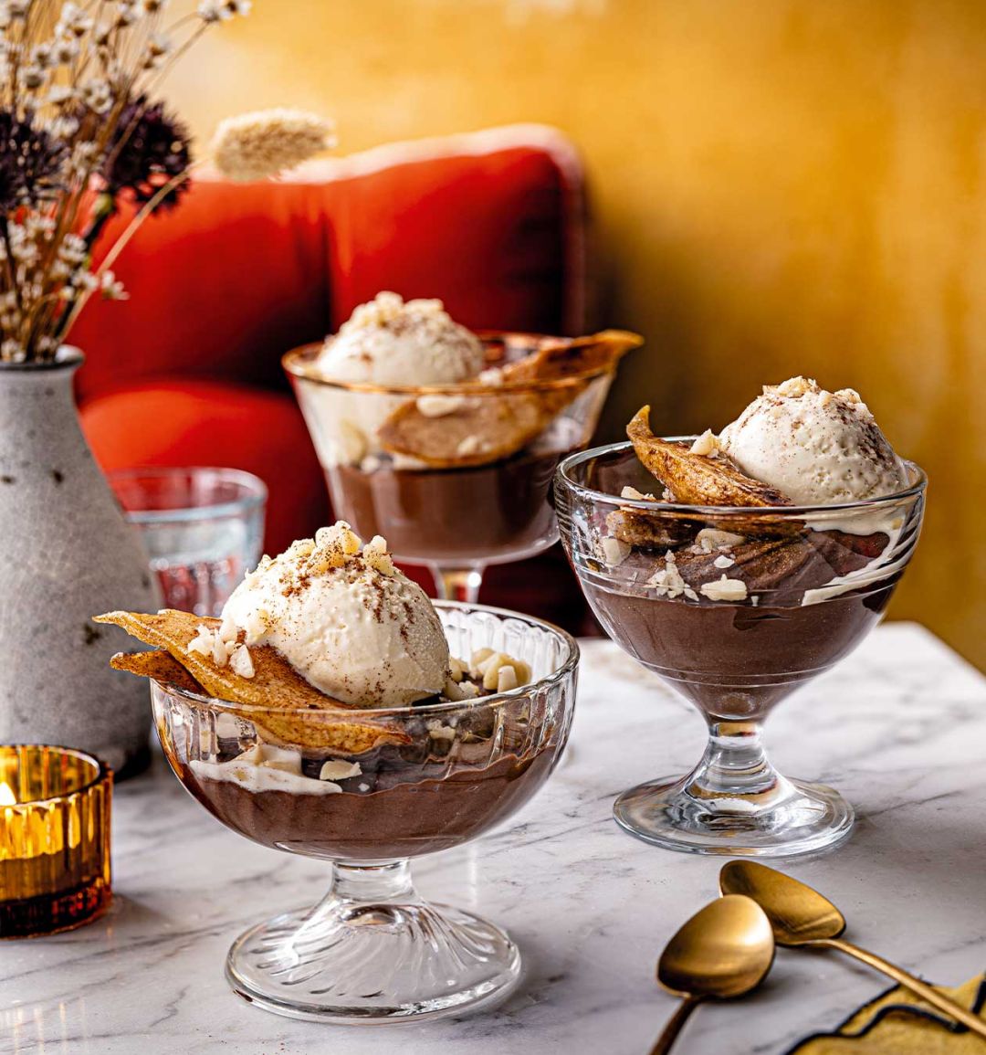 Chocolate delice with roasted pears and macadamia nuts