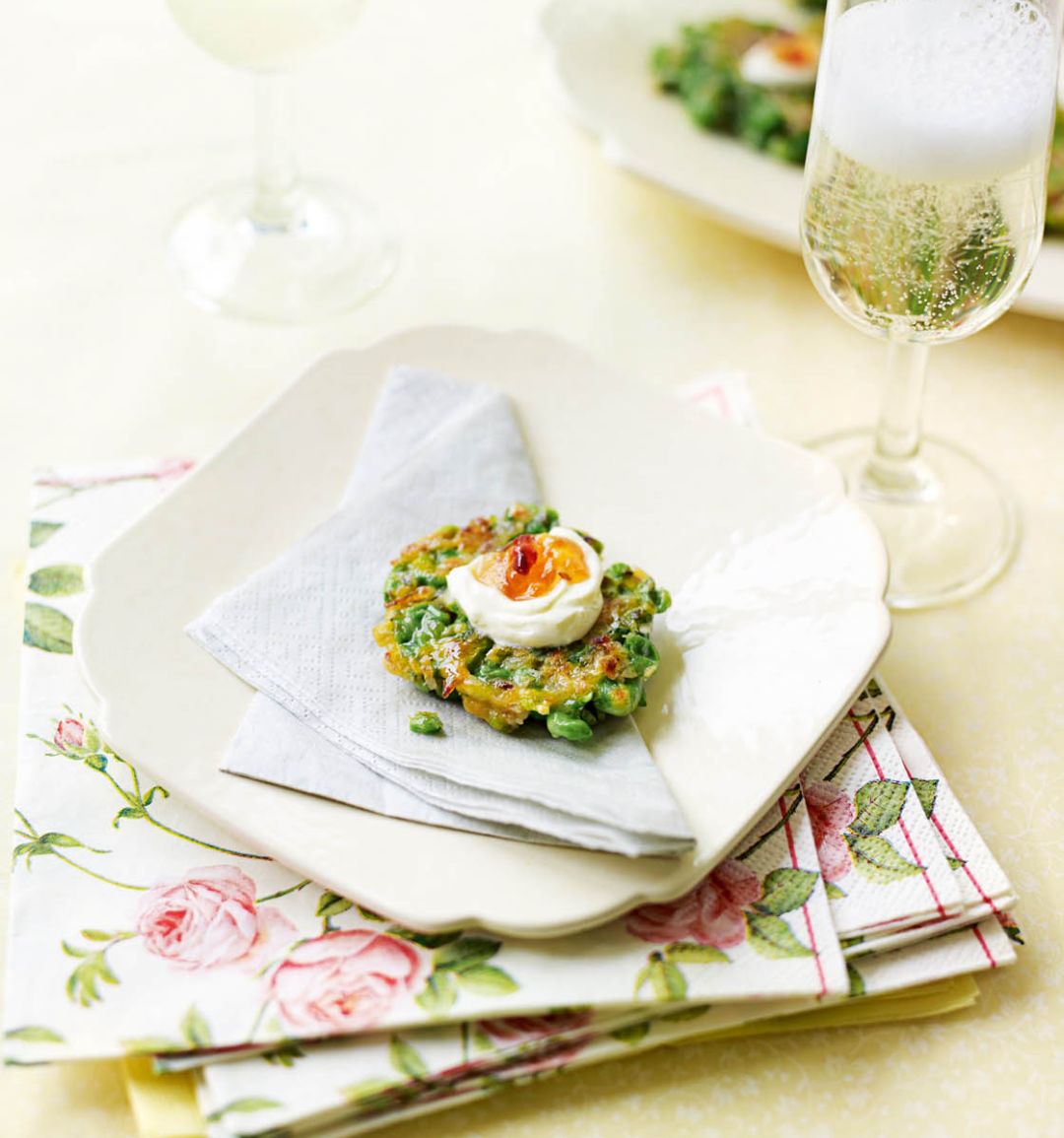 Pea and mint fritters with smoked chilli jelly