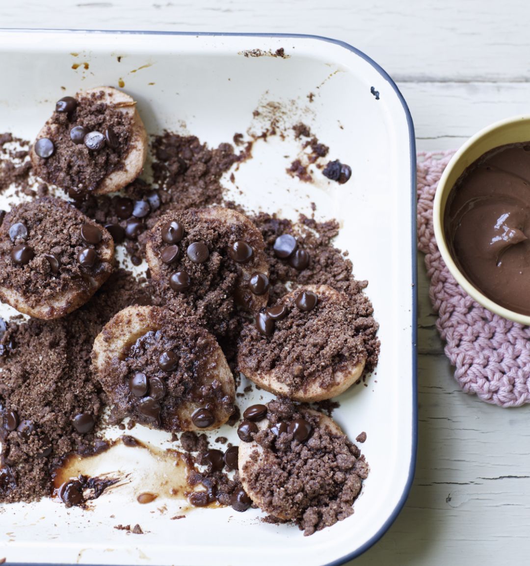 Double-choc crumble pears with chocolate custard